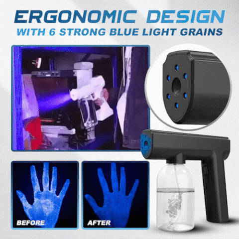 The Nano spray features 6 powerful blue light grains. It can be used to disinfect easily and aid in sterilization. The ergonomic handle is safer and more comfortable than large sprayers. CHARGING DESIGN The wireless Nano charging and cordless model is equipped with a built-in 3.7v lithium battery. This allows for continuous work time of up to 3 hours.