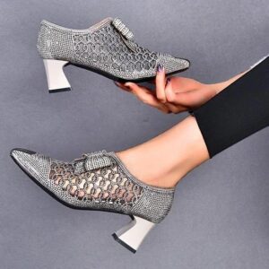 Rhinestone Hollow Chunky Heel Shoes