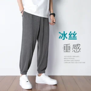 Mens Ice Silk Elastic Casual Pants