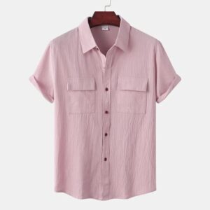 Mens Solid Colour Casual Cotton Linen Short Sleeve Shirt