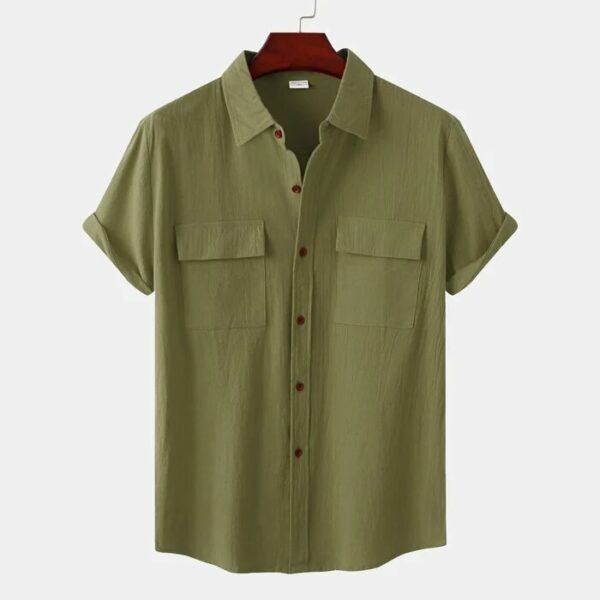 Mens Solid Colour Casual Cotton Linen Short Sleeve Shirt