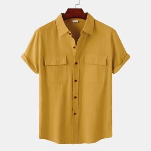 Mens Solid Colour Casual Cotton Linen Short Sleeve Shirt
