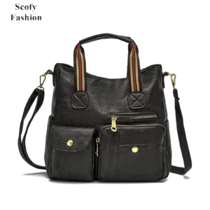 Multi-Pocket Leather Purse Handbag