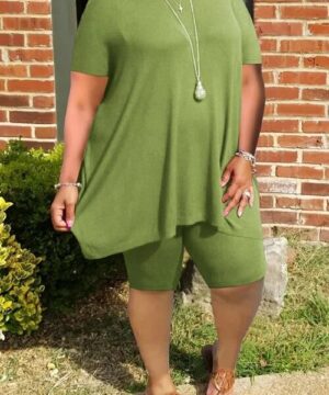 Plus Size Ruffled Hem Solid Color Top & Shorts