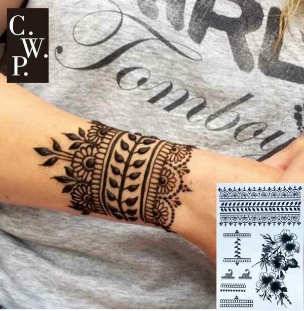 1 Piece Black Henna Cuff Tattoo with Flower Wrist