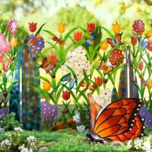 Paravento da giardino in metallo colorato a 3 pannelli con farfalle e fiori