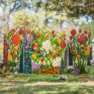 Colorful Metal 3-Panel Butterfly and Flower Garden Screen