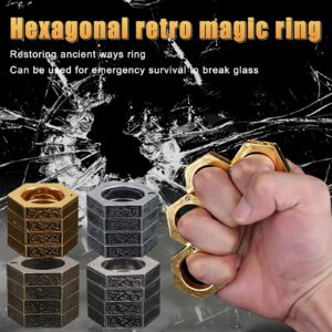 Hard Self Defense Rings Features Easy to Carry This is a ring . Made of alloy and has a blank antique finish. It is simple, elegant This Hexagon Magic Ring is a tool. There are four rings connected to each other and each wearable on every finger. With black antique finish, it is a masterpiece Product function: packaging, cool play Scope of application: outdoor sports, gift tools, home spares, camping, carry-on, etc The structure is simple, its volume is small, and the total amount is light Small in size, light in type, easy to camouflage, and good effect. Can be used as self-defense equipment in emergency
