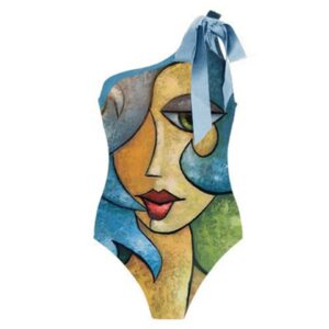 Fashion V-Neck Floral Oil Painting Print One Piece Swimsuit Set