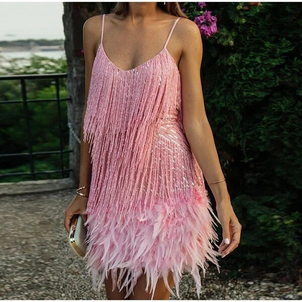 Womens Feather Fringe Sequin Spaghetti Strap Dress