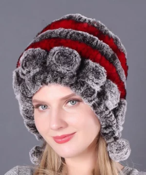 Lady Warm Flowers Striped Real Rex Rabbit Fur Hats