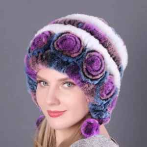 Alternative view of Lady Warm Flowers Striped Real Rex Rabbit Fur Hats