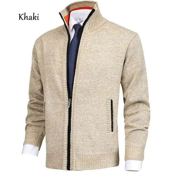 Fashion Pria Warna Solid Ngadeg Kolar Cardigan Sweater Rajut Jaket