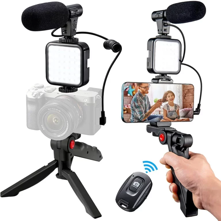 Kit Mikropon video profesional kanthi Tripod Stand lan Lampu LED