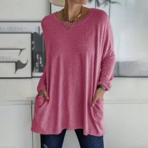 Alternative view of Round Neck Long Sleeve Loose Pocket Solid T-Shirt