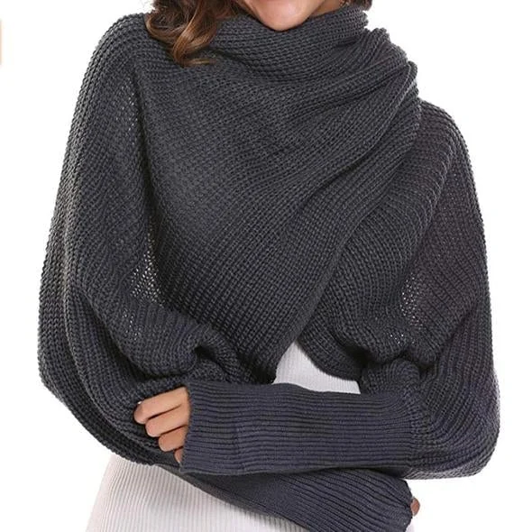 Модеран плетени џемпер-шал са рукавима