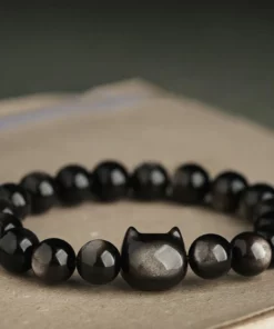 Absorbing Negative Energy Gold Silver Sheen Obsidian Cute Cat Protection Bracelet
