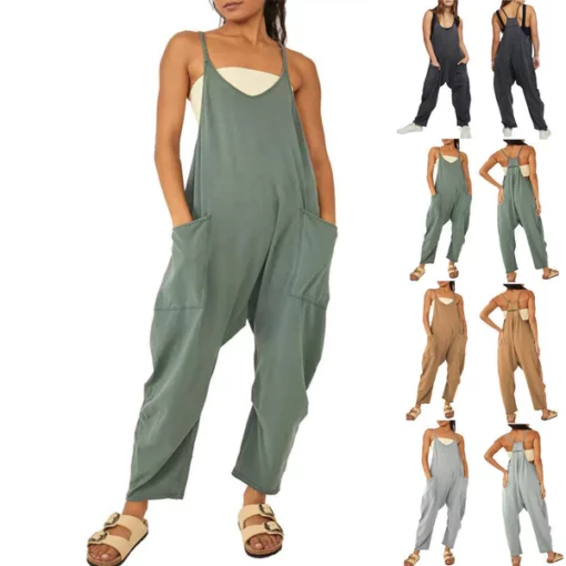 Women's Loose Sleeveless Jumpsuits Spaghetti Strap Stretchy Long Pant Romper Jumpsuit With Pockets Zipper