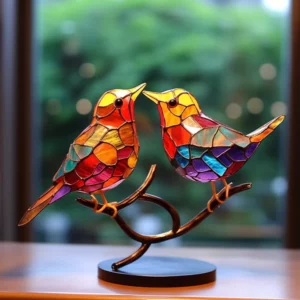 Alternative view of Stained Glass Birds on Branch Desktop Ornaments