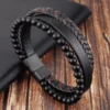 Natural Stone Obsidian Magnetic Buckle Men's Leather Bracelet