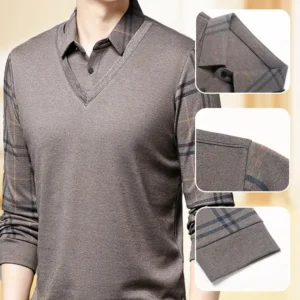 Men's Faux Two Piece Lapel Long-Sleeve Tops