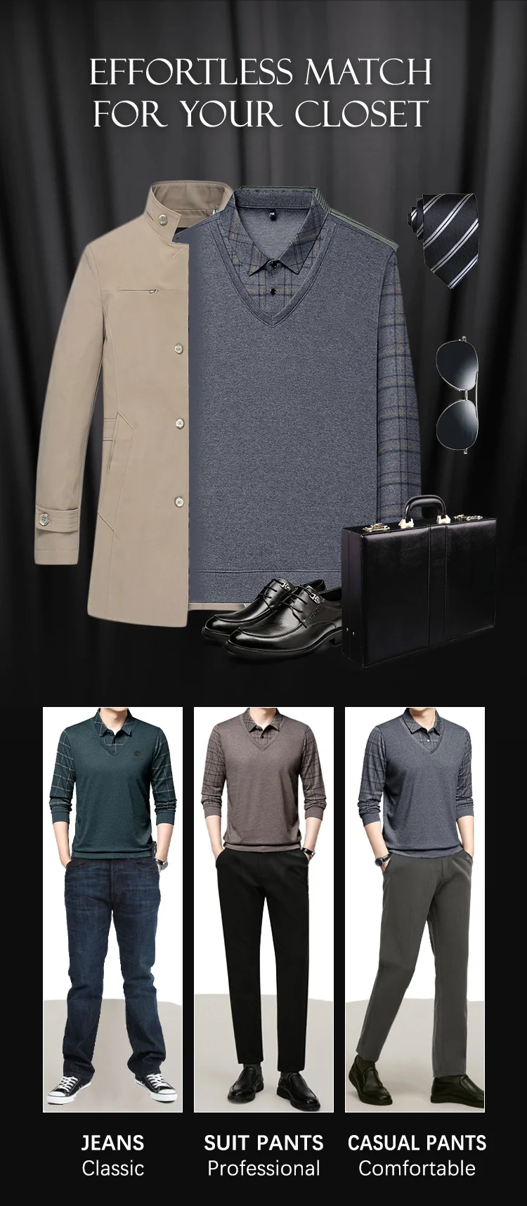 Men's Faux Two Piece Lapel Long-Sleeve Tops