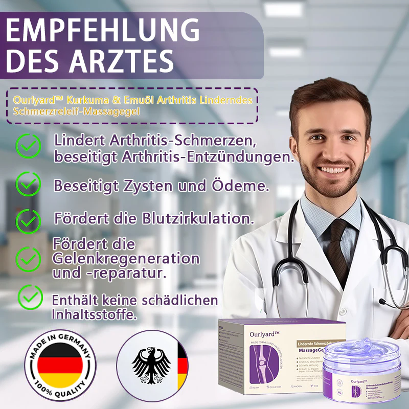 Ourlyard™ Kurkuma- & Emuöl-Gel zur Linderung von Arthritis-Schmerzen 👨‍⚕️ Zertifiziert von der Deutschen Gesellschaft für Orthopädie und Unfallchirurgie (DGOU)